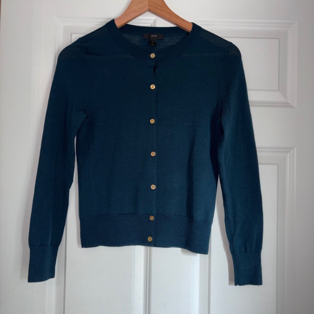 J. Crew Women's Essentials Dark Green Merino Wool Cardigan Gold Buttons Sz XS
